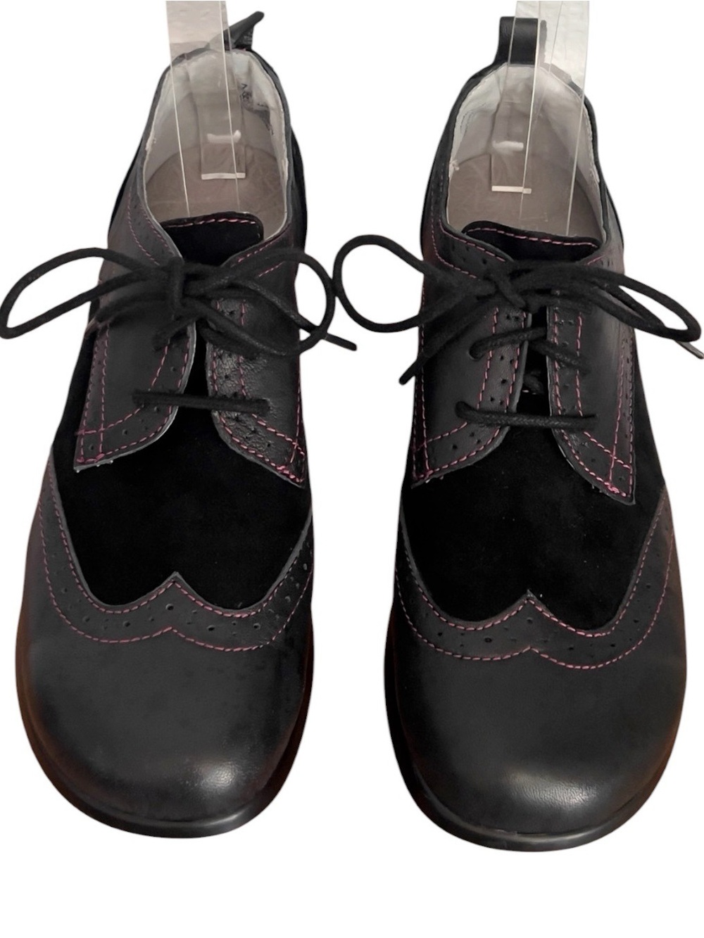 Jambu San Fran Encore Black Leather Suede Wingtip Oxford Heels Pink Stitch 7.5M